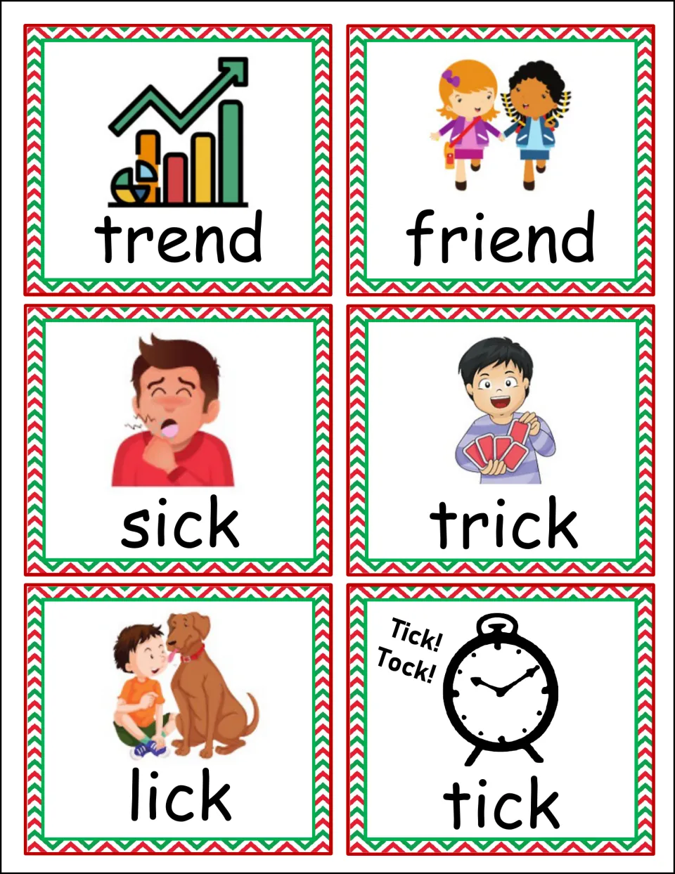 Picture word cards for trend and friend (-end) plus sick, trick, lick and tick (-ick) for sorting by word ending