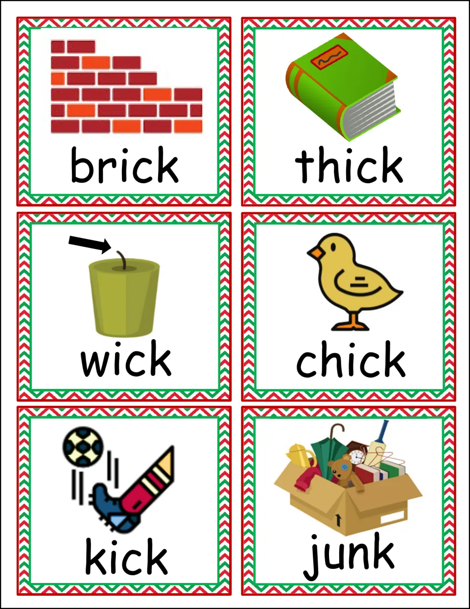 Picture word cards for brick, thick, wick, chick and kick (-ick) and junk (-unk), with images, for the ending sort
