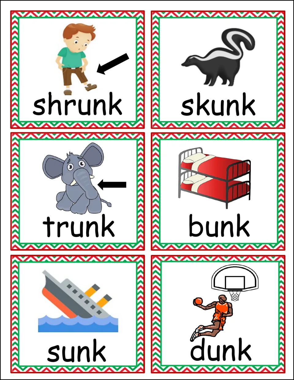-unk picture word cards: shrunk, skunk, trunk, bunk, sunk and dunk, with pictures such as a skunk and a sinking ship