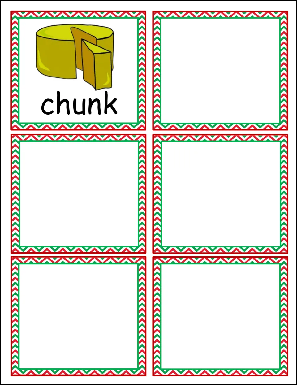 Final -unk picture card, chunk, shown with a wedge of cheese, followed by five blank cards on the same sheet