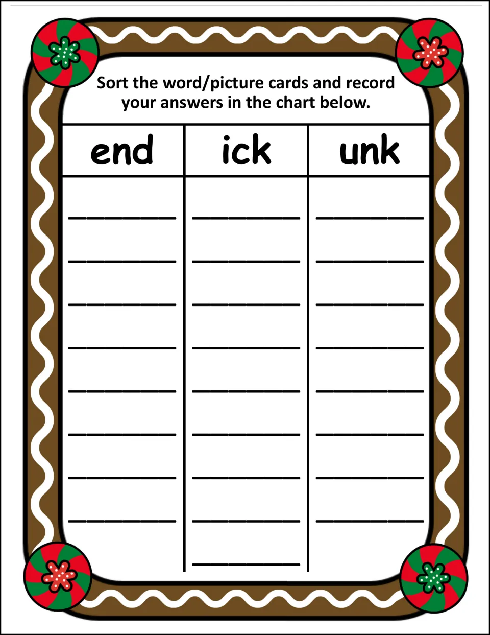 Word sort recording sheet: students sort the picture word cards and write each word under the end, ick or unk heading