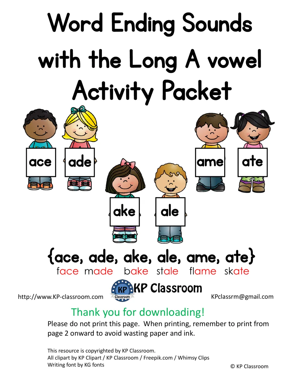 Long A word endings cover: kids hold ace, ade, ake, ale, ame and ate cards plus face, made, bake, stale, flame, skate