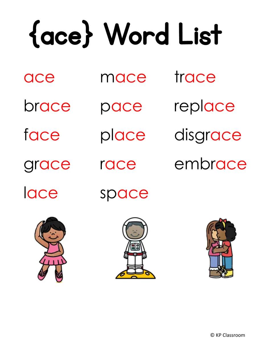 ace word list: 14 words such as brace, place, trace, replace, disgrace and embrace with the ace ending in red