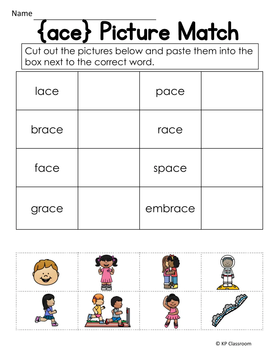 ace picture match: students cut out 8 pictures and paste each beside its word, such as lace, brace, pace and space
