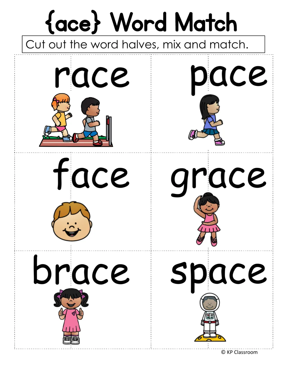 ace word match: students cut 6 picture word cards in half, then mix and rejoin race, pace, face, grace, brace, space