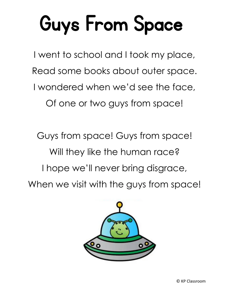 Guys From Space poem: rhyming verses using ace words such as place, space, face, race and disgrace, with a UFO