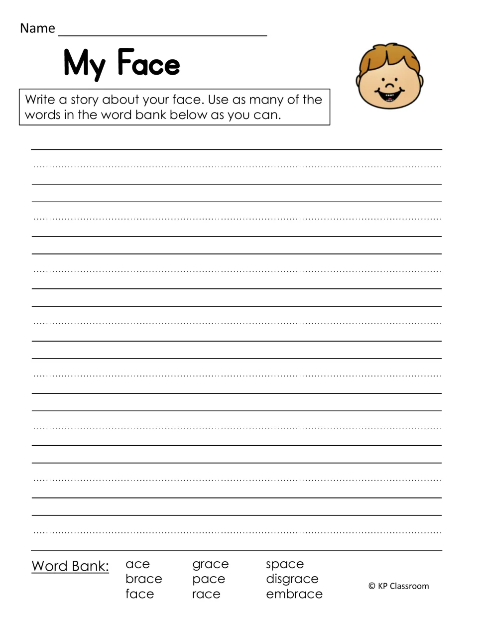 My Face writing prompt: students write a story about their face using word bank words like grace, brace and embrace