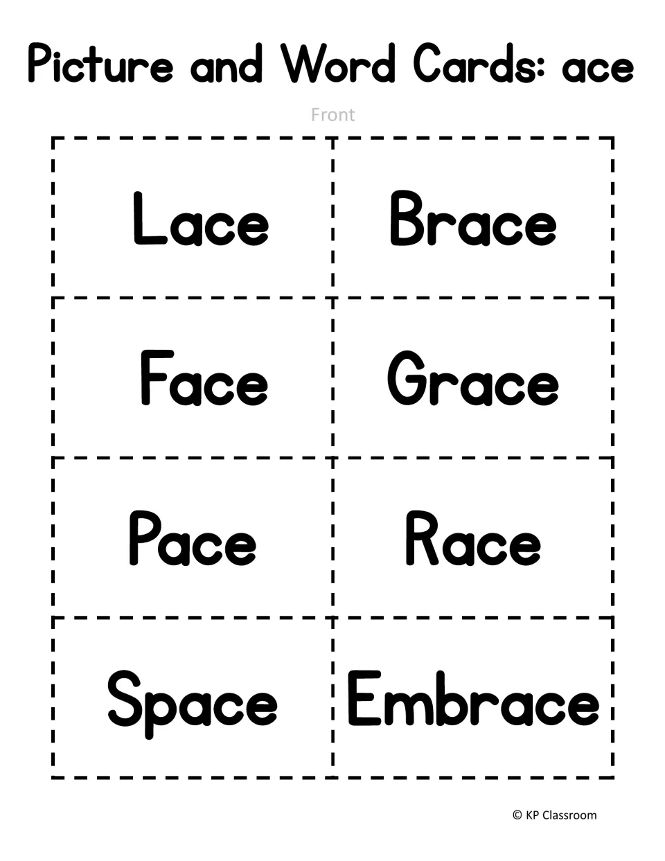 Picture and Word Cards: ace, front side with 8 word cards: Lace, Brace, Face, Grace, Pace, Race, Space and Embrace