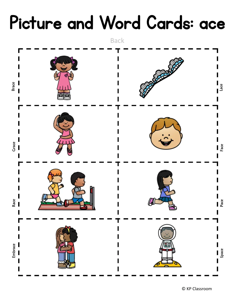 ace picture cards, back side: 8 pictures such as a girl with braces, a ballerina, runners racing and an astronaut