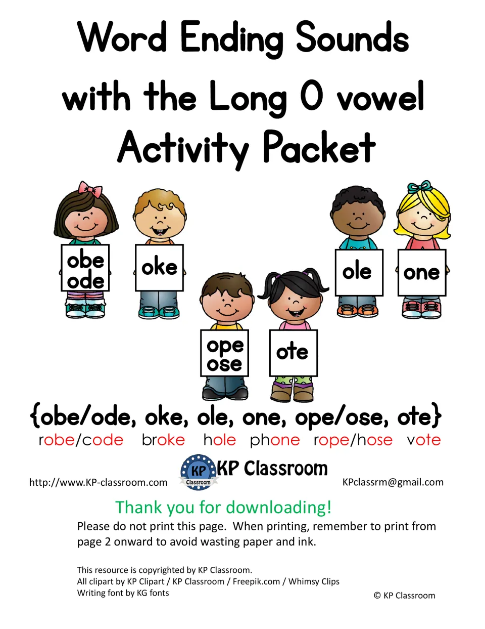 Long O ending sounds cover: children hold obe/ode, oke, ole, one, ope/ose and ote cards with words like robe and vote