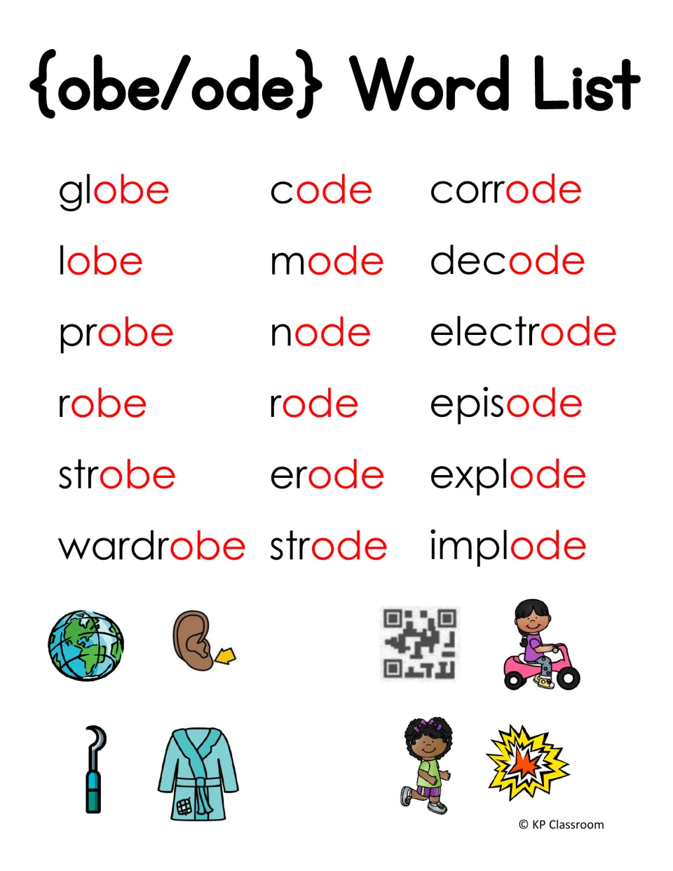 obe/ode word list: 18 words such as globe, wardrobe, code, erode, episode and implode with the endings printed in red