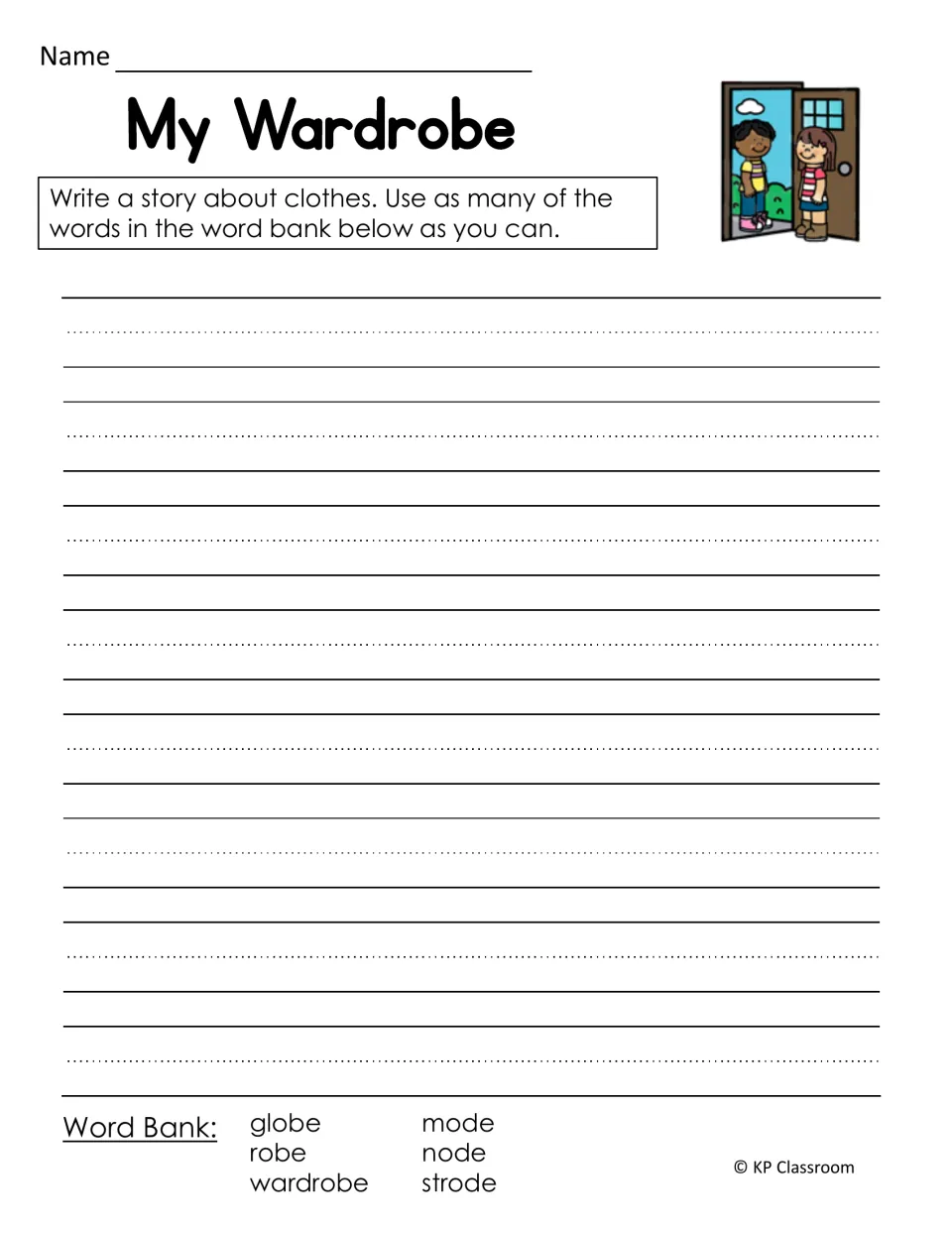 My Wardrobe writing prompt: students write a clothes story using globe, robe, wardrobe, mode, node and strode
