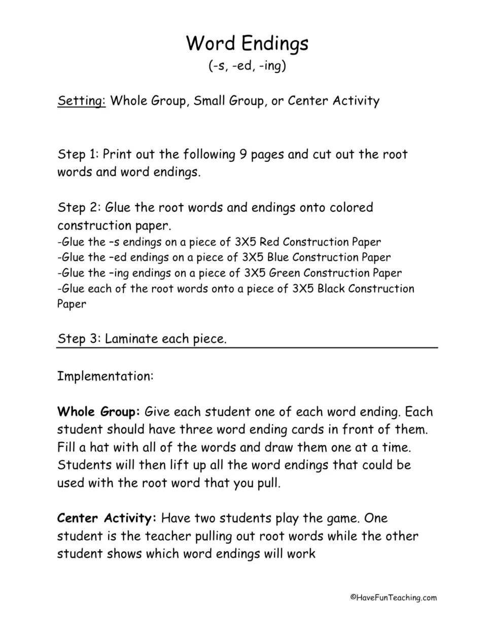Word endings -s, -ed, -ing setup: steps to cut, glue on colored paper and laminate cards, plus whole-group and center play
