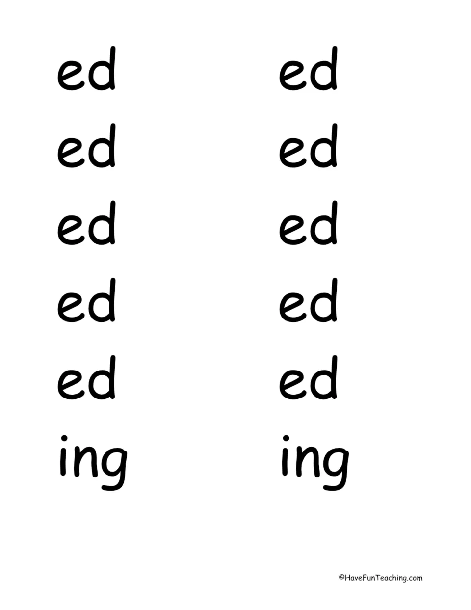 Suffix sheet: ten -ed and two -ing pieces to cut out, which students raise when that ending fits the drawn root word