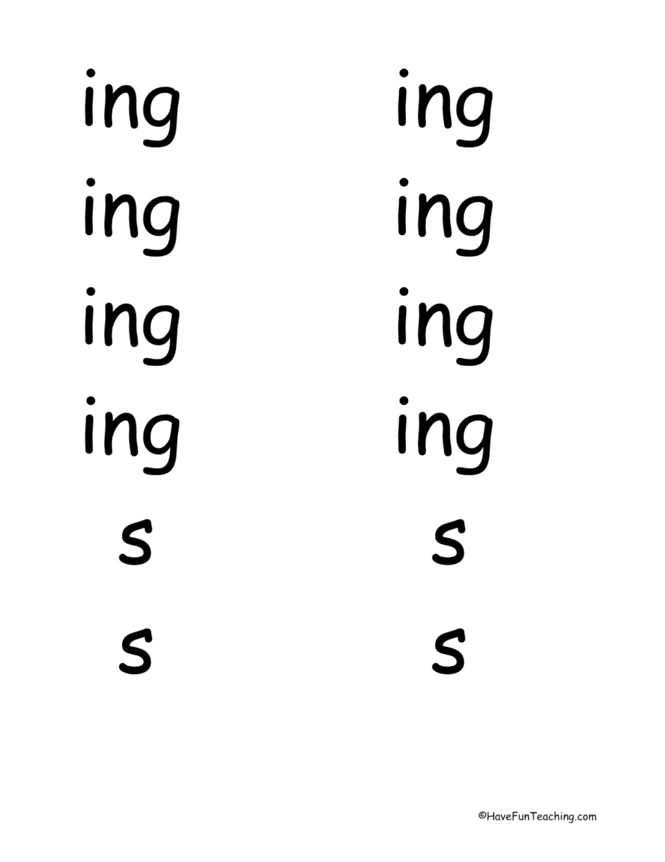 Mixed ending cards: 8 -ing and 4 -s cut-outs students hold up to match suffixes to root words in the game