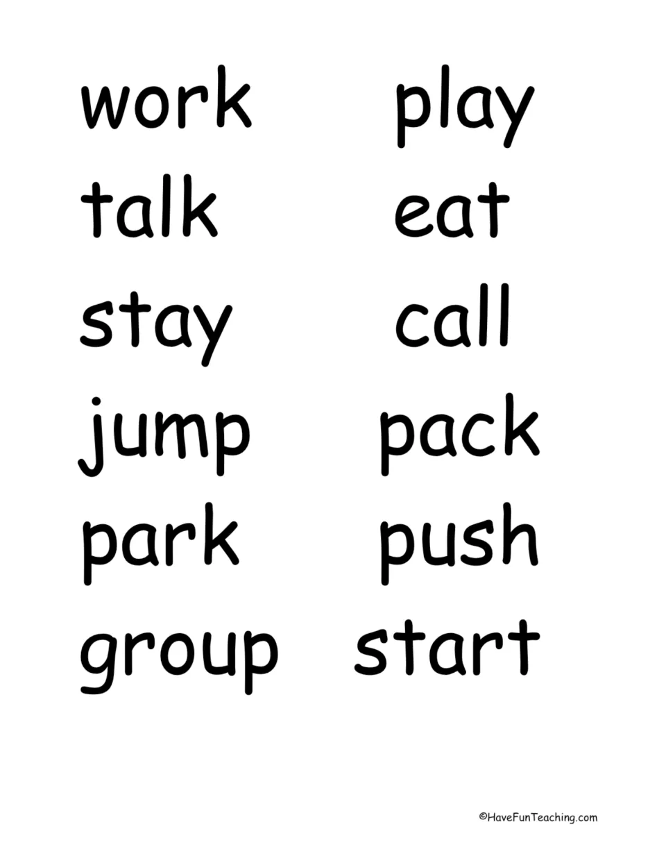 Root word cards to cut out: work, play, talk, eat, stay, call, jump, pack, park, push, group, start for adding endings