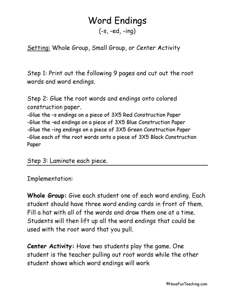 Word Endings S, ED, ING Center by Teach Simple