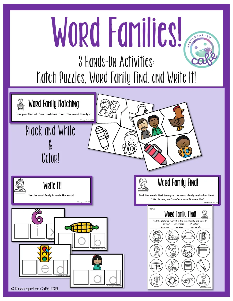 Word Families! cover: 3 hands-on activities, Match Puzzles, Word Family Find and Write It!, in black and white and color