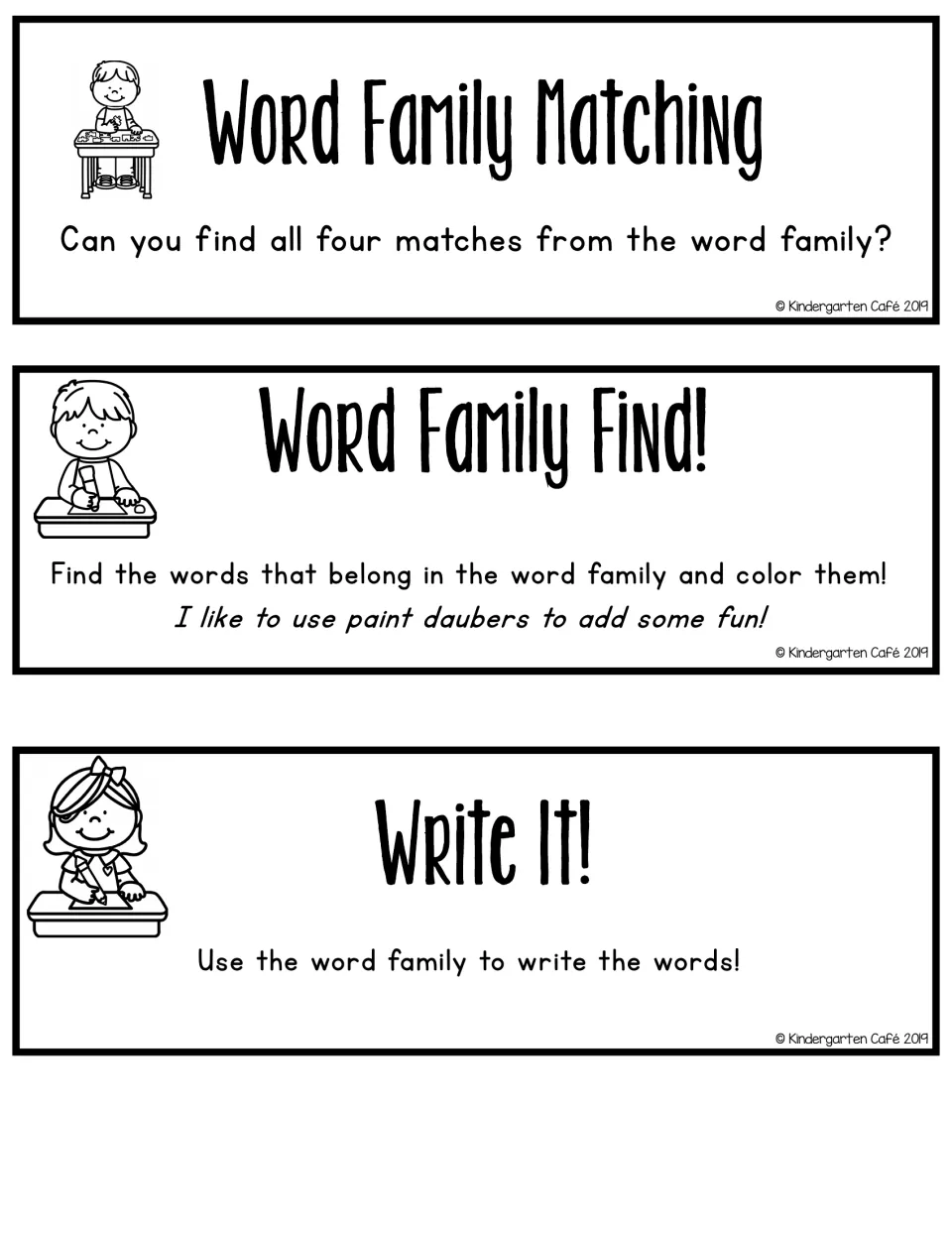 Activity labels: Word Family Matching, Word Family Find! (color words in the family) and Write It! (write the words)