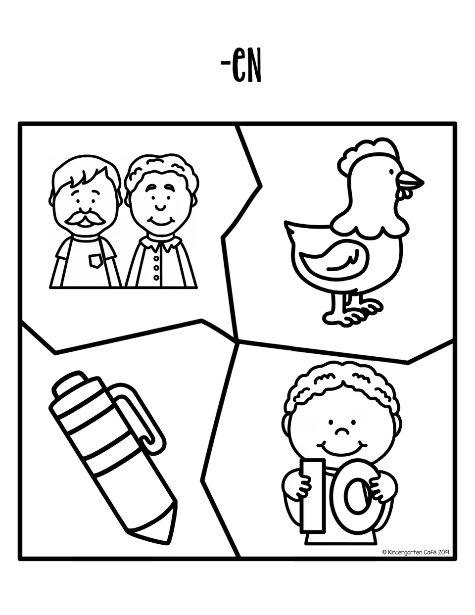 -en word family puzzle in black and white: students match four pieces showing men, a hen, a pen and a boy holding 10