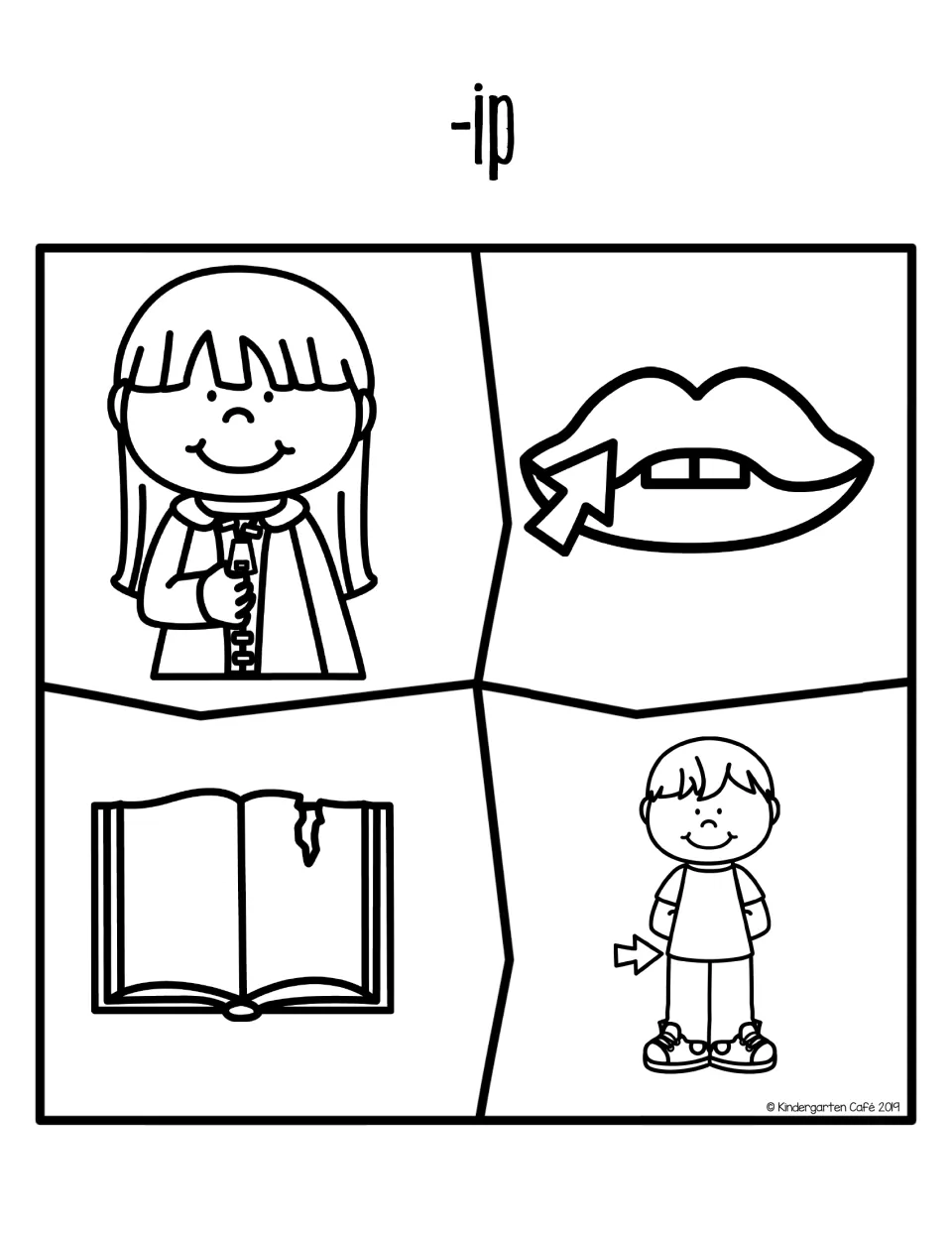 -ip word family puzzle: students match four pieces picturing zip, lip, a ripped book page and an arrow at a boy's hip