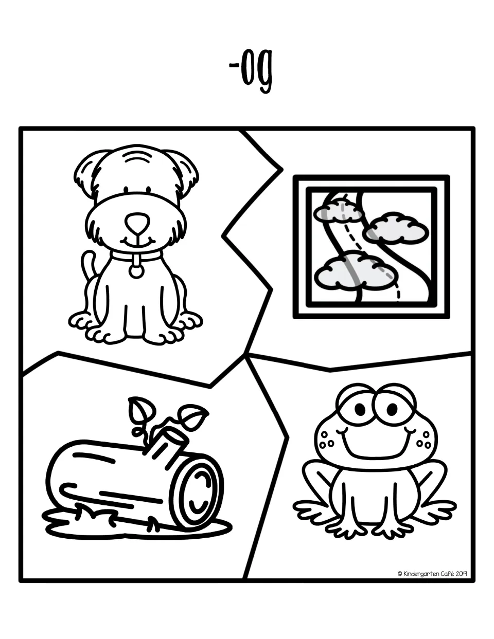 -og word family puzzle: students put together four pieces showing a dog, a foggy road, a log and a frog