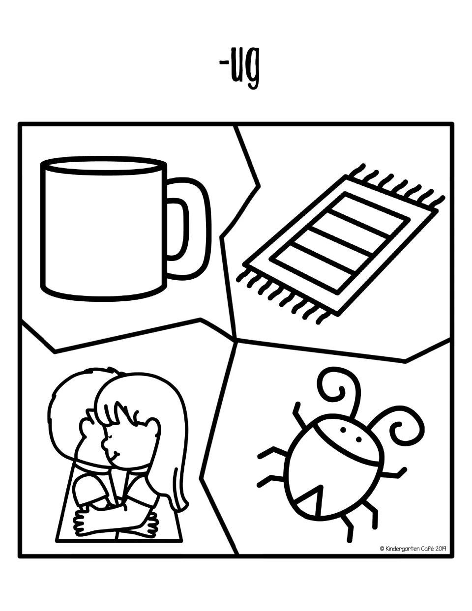 -ug word family puzzle: students match four pieces picturing a mug, a rug, two children in a hug and a bug