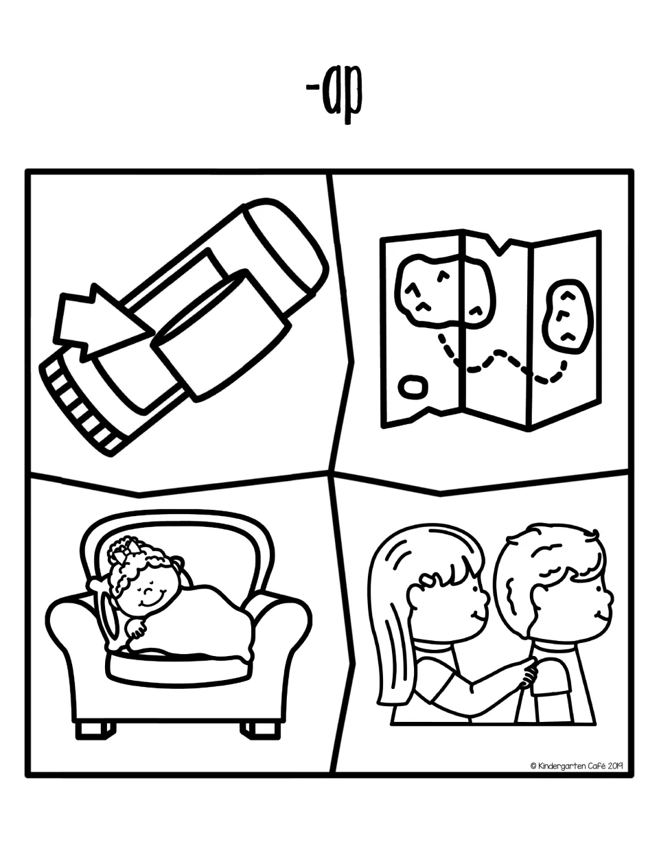 -ap word family puzzle: students join four pieces showing a marker cap, a map, a girl's nap and a tap on the shoulder
