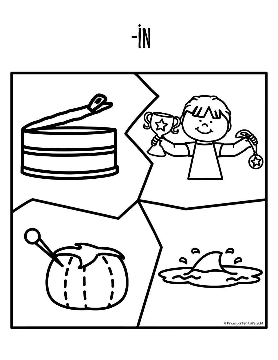 -in word family puzzle: students match pieces picturing a tin can, a child who won a trophy, a pincushion pin and a fin
