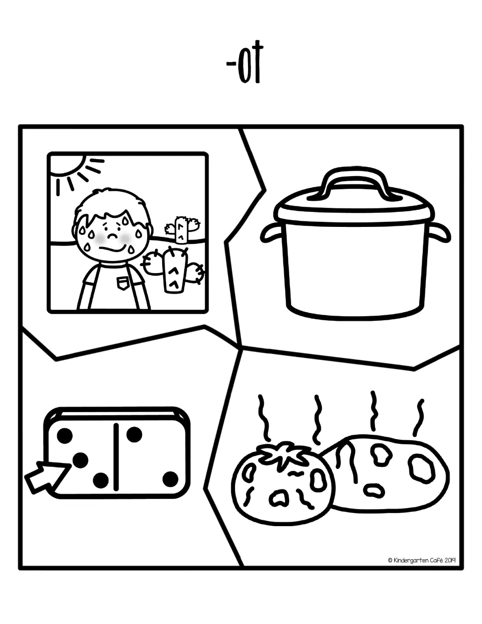 -ot word family puzzle: students match four pieces showing a hot boy in the sun, a pot, a domino dot and rotten produce