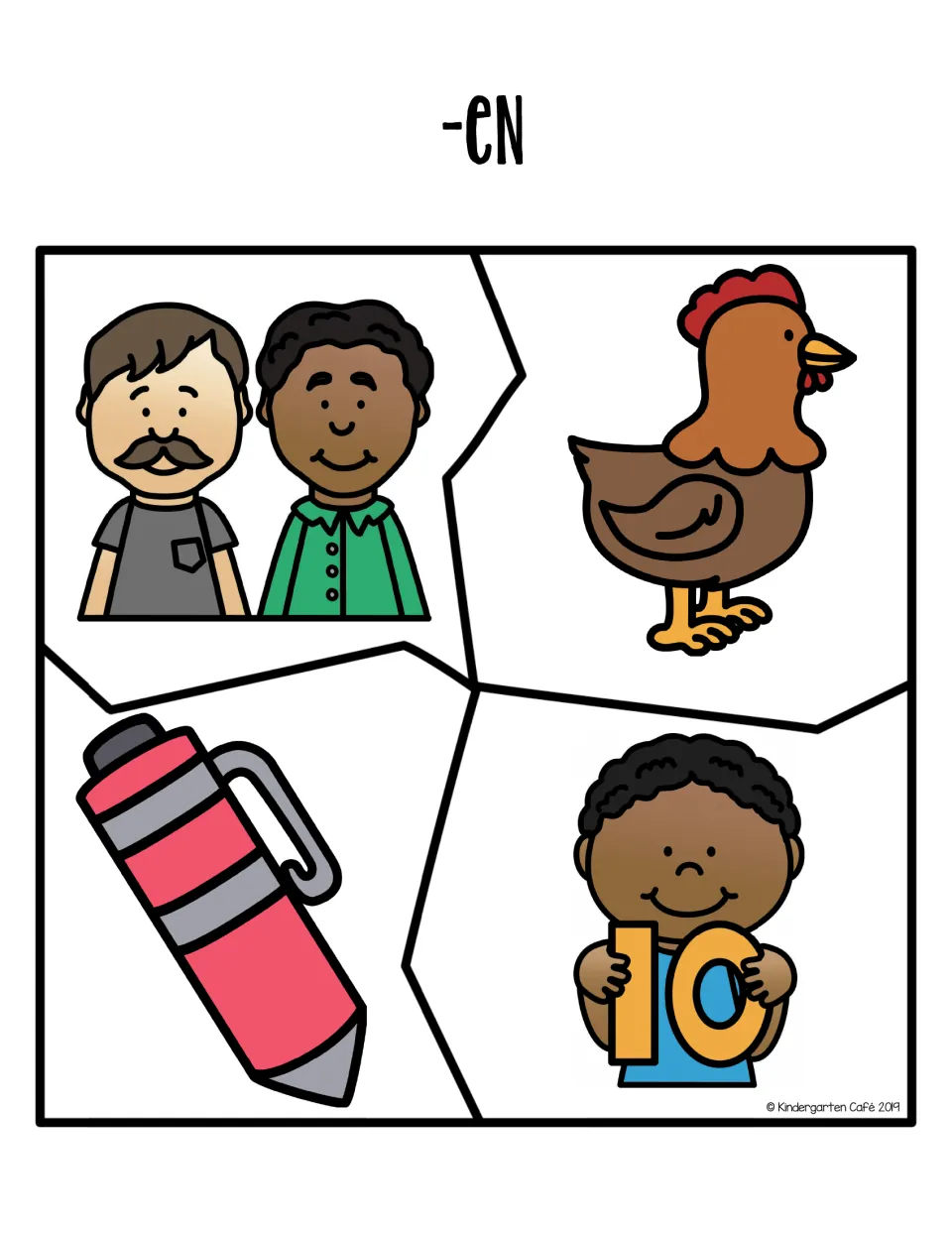 Full-color -en word family puzzle: students match pieces showing two men, a brown hen, a red pen and a boy holding 10