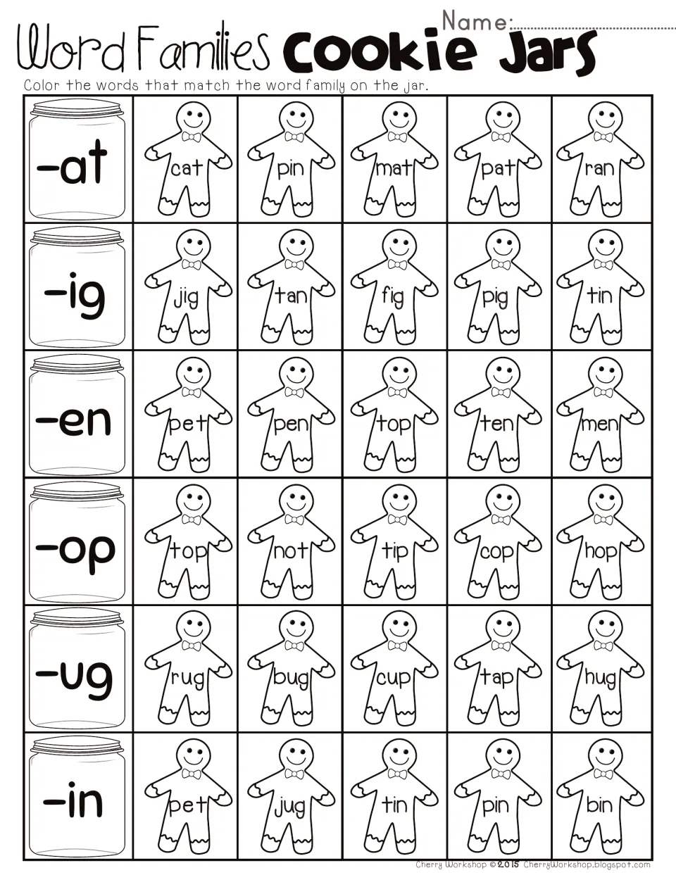 CVC word family coloring worksheet: match words to jars labeled -at, -ig, -en, -op, -ug, and -in.