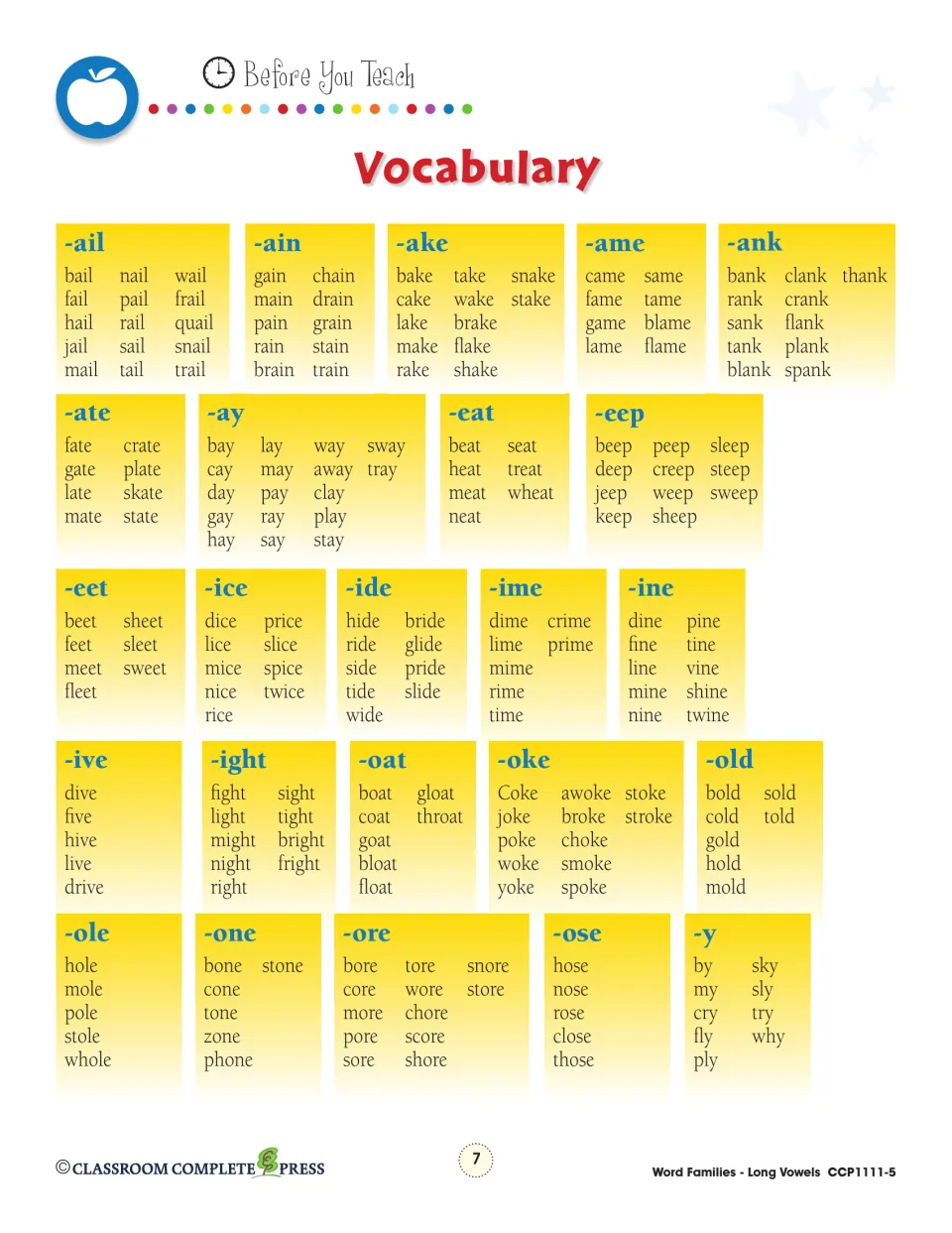 Vocabulary reference groups words into 24 families, including -ail, -ain, -ake, and -ame, for word-family work