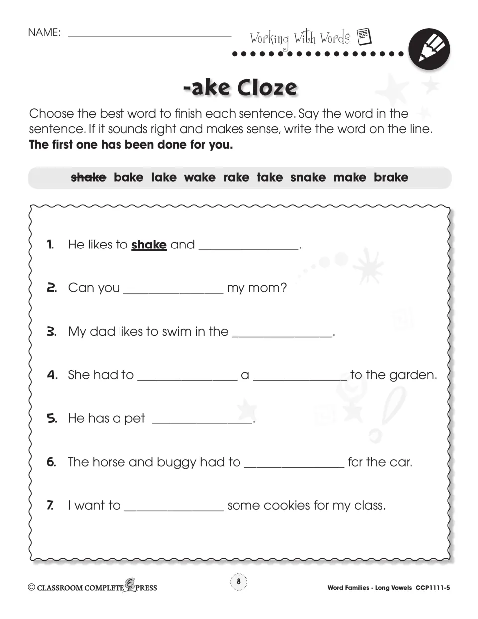 -ake cloze practice has seven sentence items and a word bank including shake, bake, lake, wake, and rake