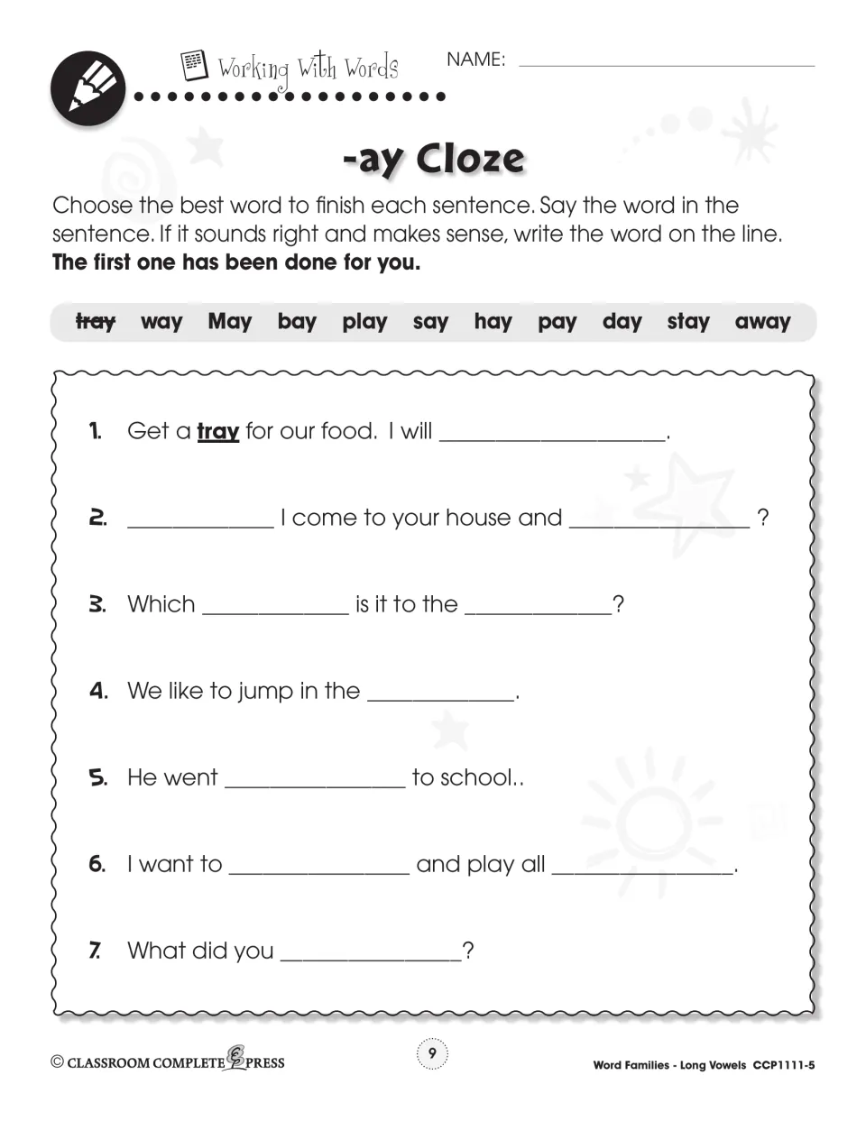 -ay cloze practice has seven sentence items and a word bank including tray, way, May, bay, play, and say