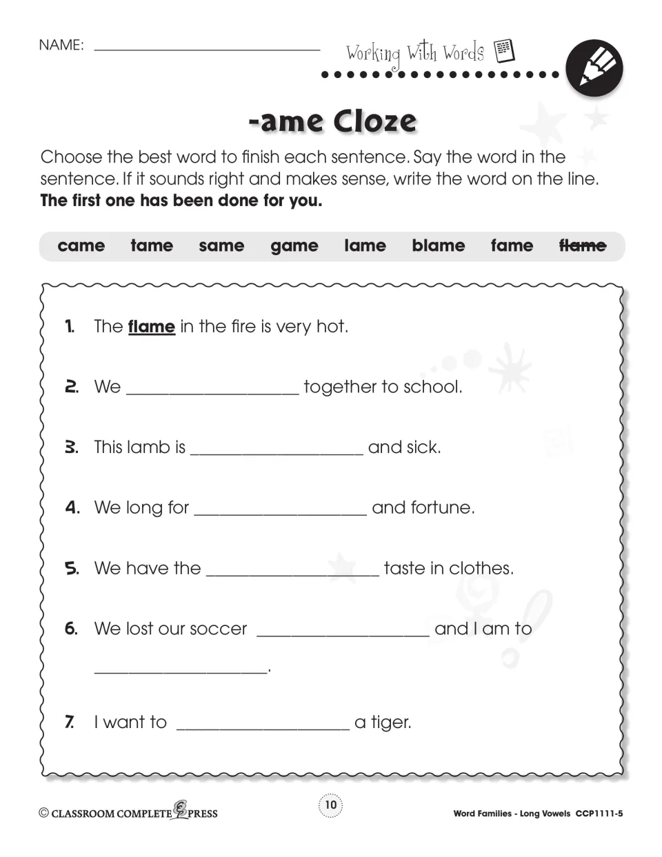 -ame cloze practice has seven sentence items, a completed flame example, and words including came and tame