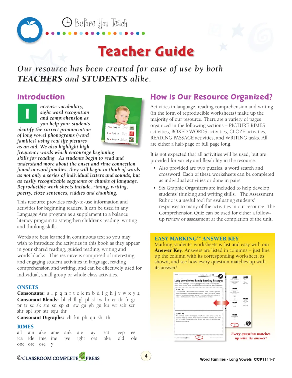 Teacher guide introducing long vowel phonograms, how activities are organized, onset and rime lists and answer key layout