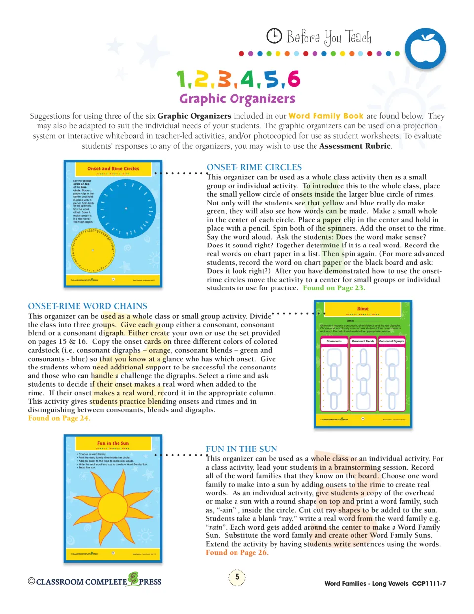 Graphic organizer guide: how to use onset-rime circles, onset-rime word chains and the Fun in the Sun word family organizer