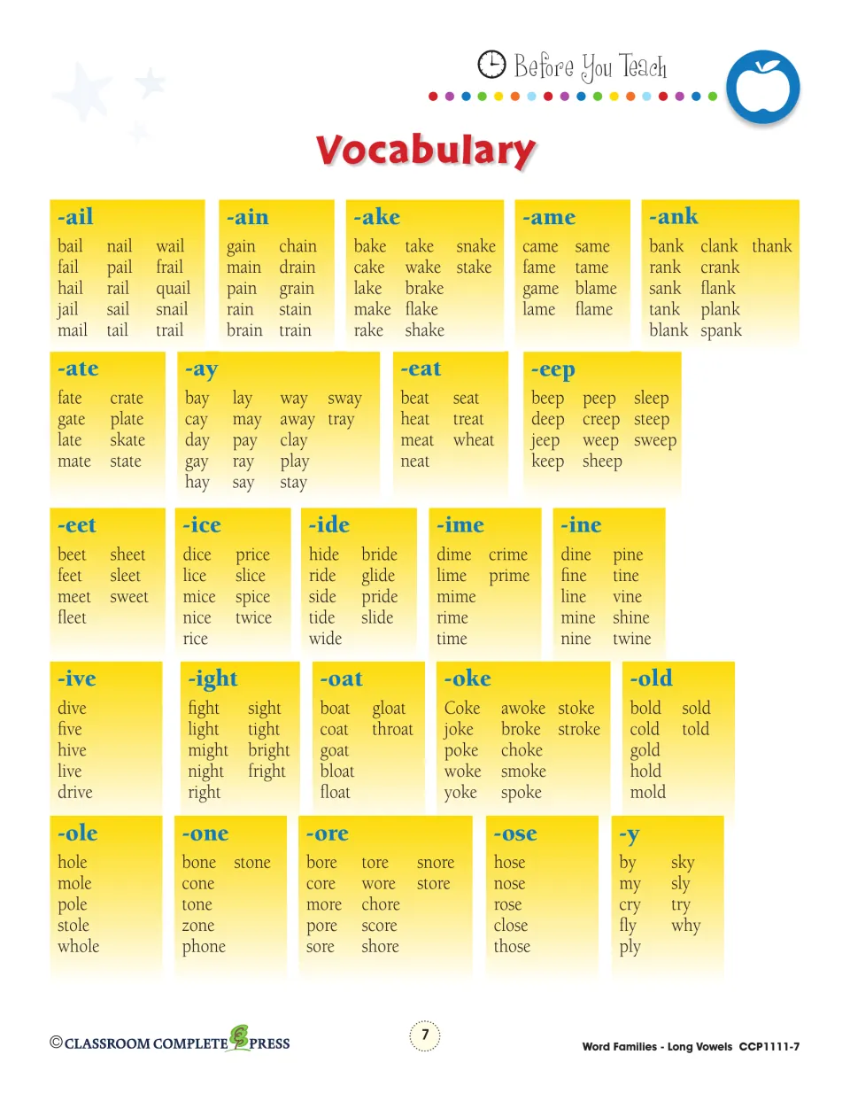 Vocabulary list of long vowel word families from -ail, -ain and -ake to -ose and -y, with example words under each rime