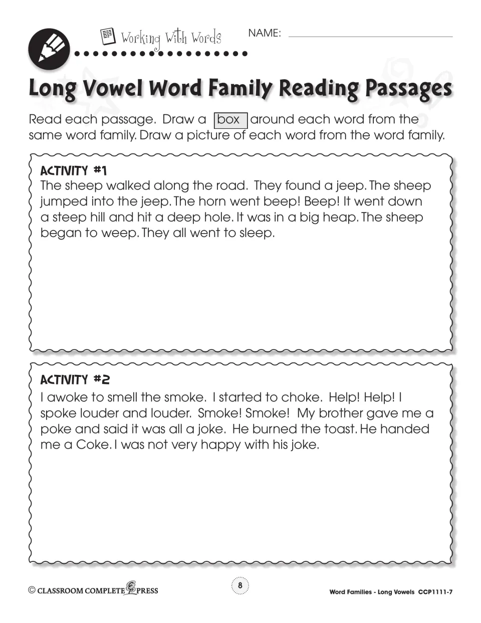Long vowel reading passages: students box -eep words like sheep and jeep and -oke words like smoke, then draw each word