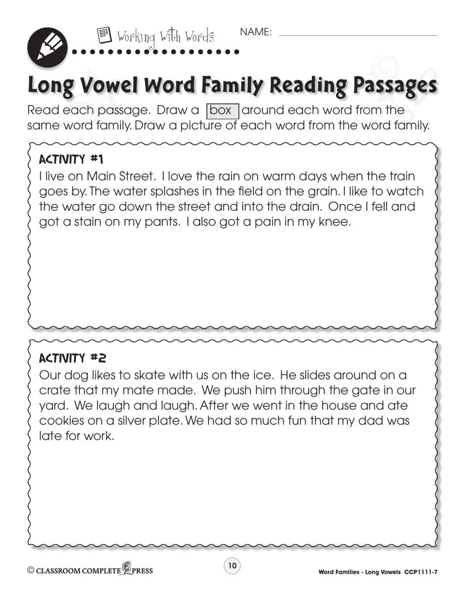 Passages with -ain words (rain, train, drain) and -ate words (skate, gate, plate); students box family words and draw them