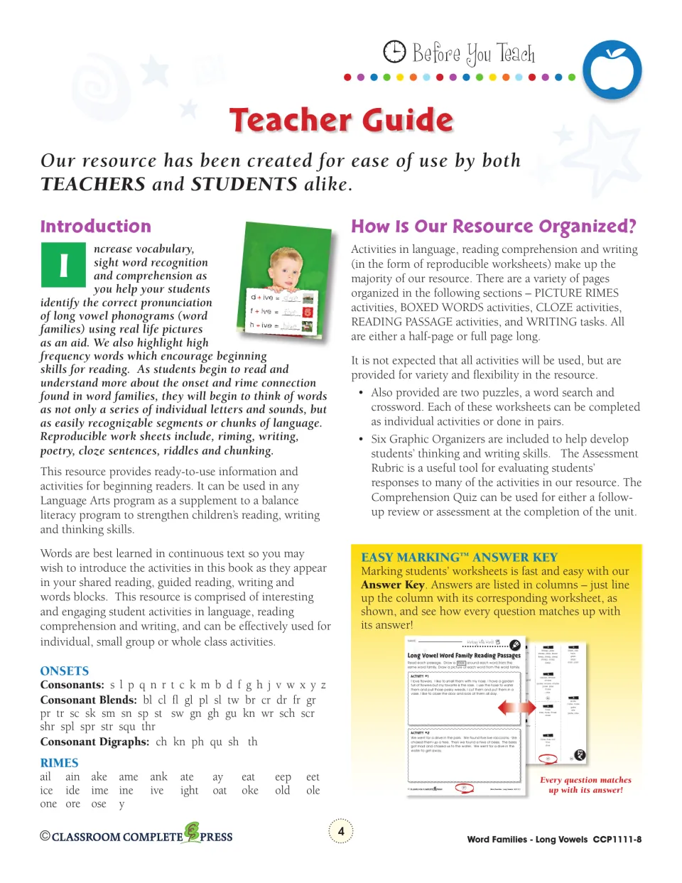 Teacher guide introduces onset and rime practice, explains resource organization, and lists word endings