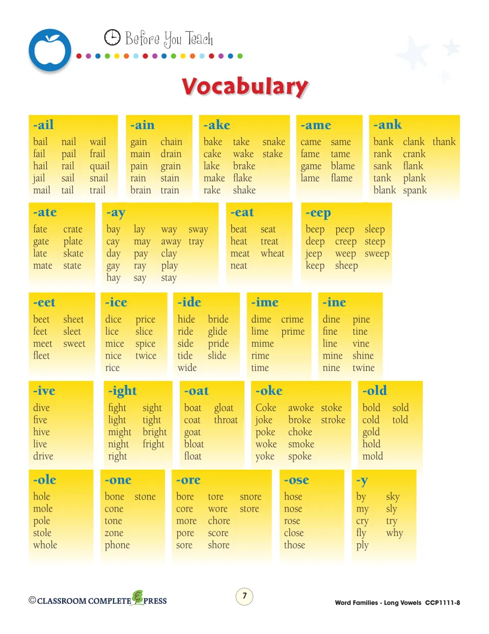 Vocabulary reference groups words into 24 families, including -ail, -ain, -ake, -ame, -eep, -ight, and -y