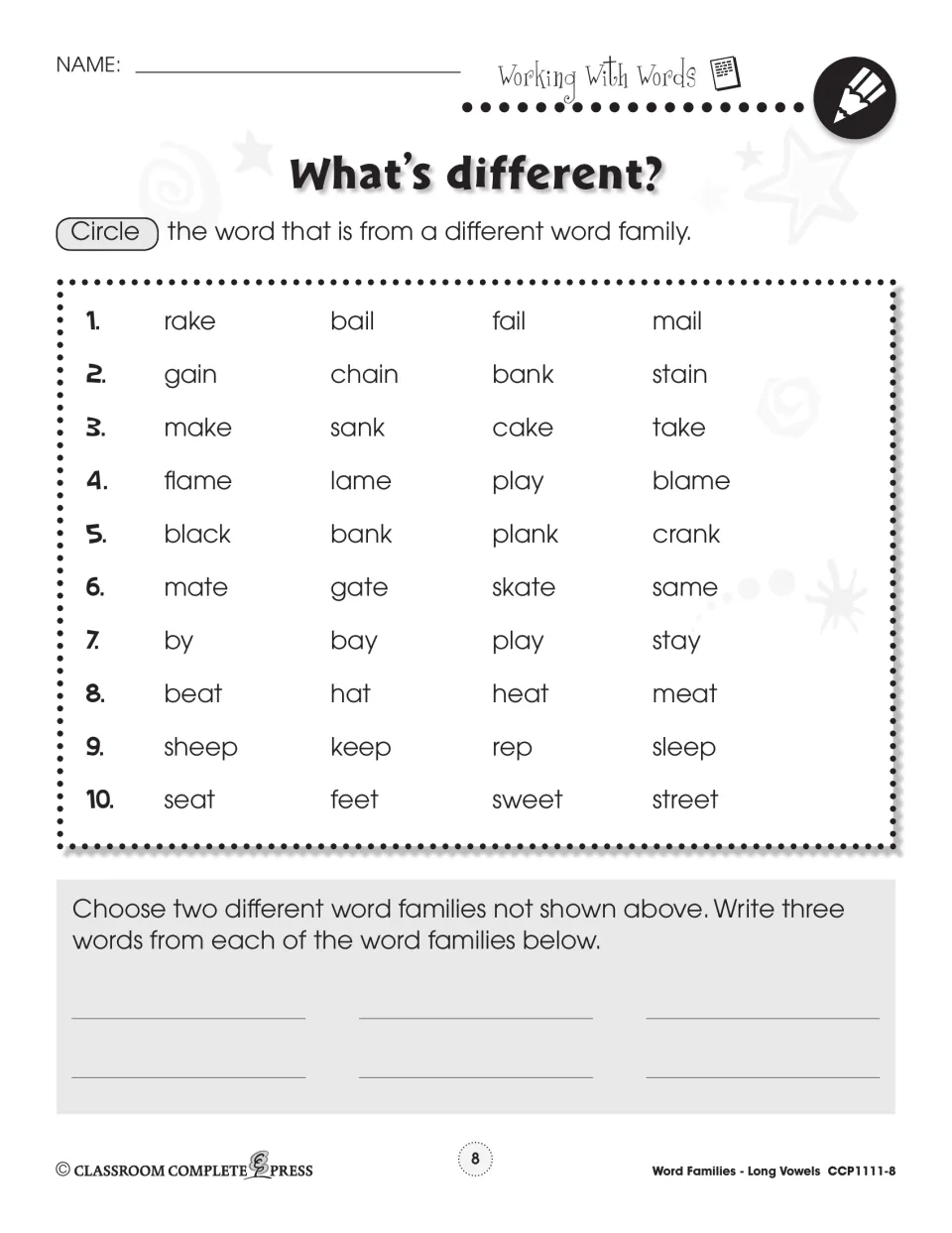 What's different? practice asks students to circle the odd word in 10 sets and write words from two more families