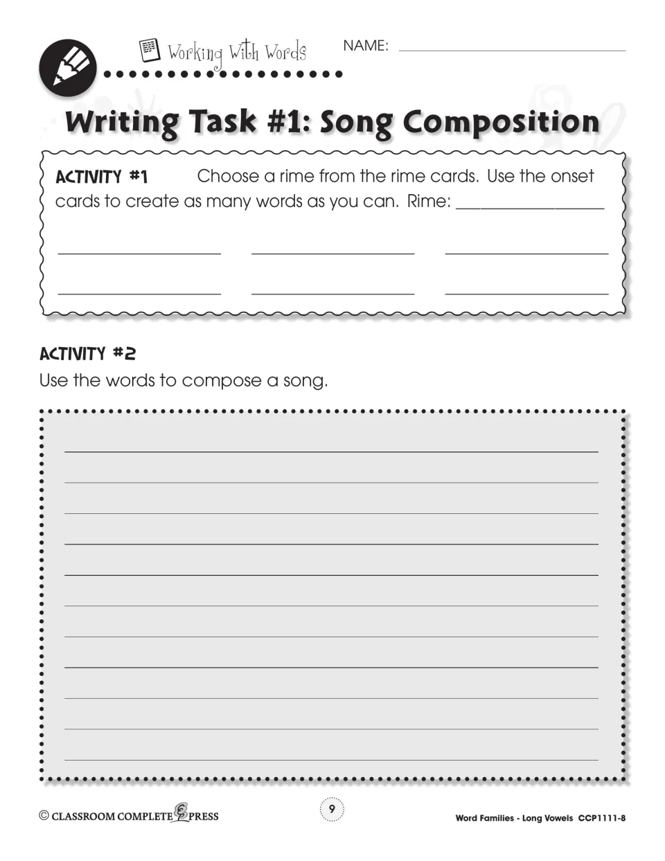 Song Composition writing task asks students to choose a rime, build words with onset cards, and write a song