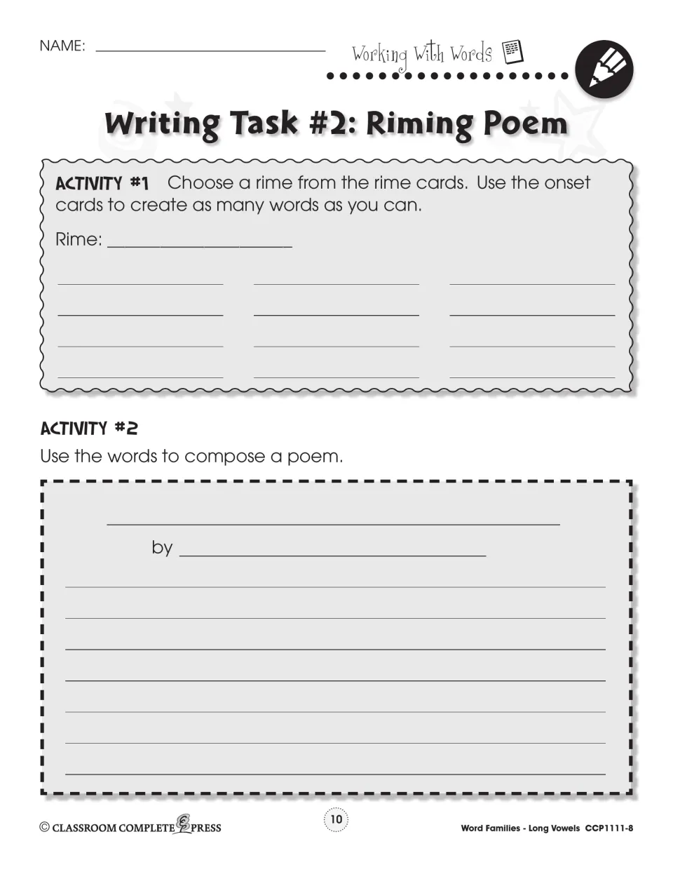 Poem writing task asks students to choose a rime, create words using onset cards, and compose a poem