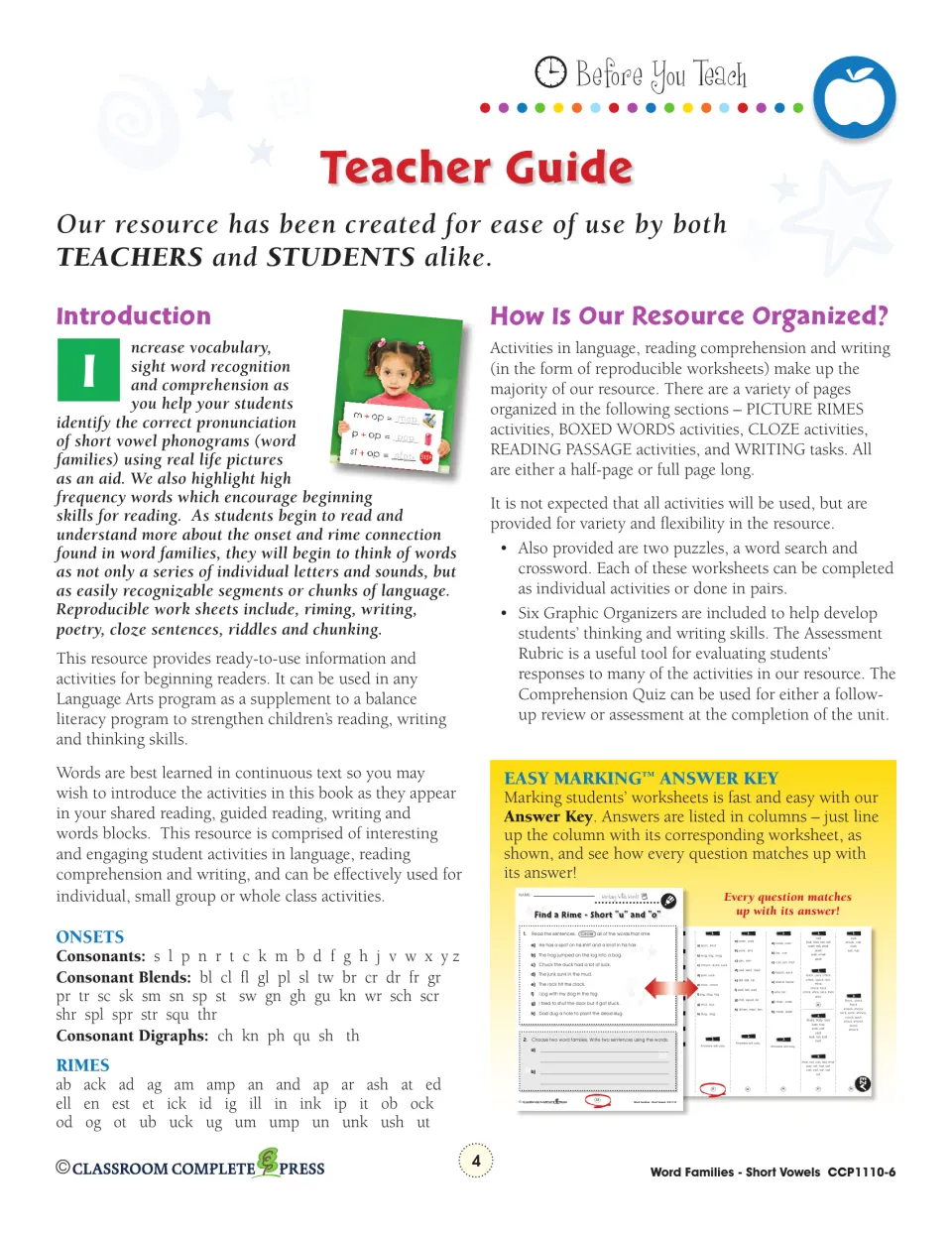 Teacher Guide: introduction, how the resource is organized, Easy Marking answer key, and onset and rime lists