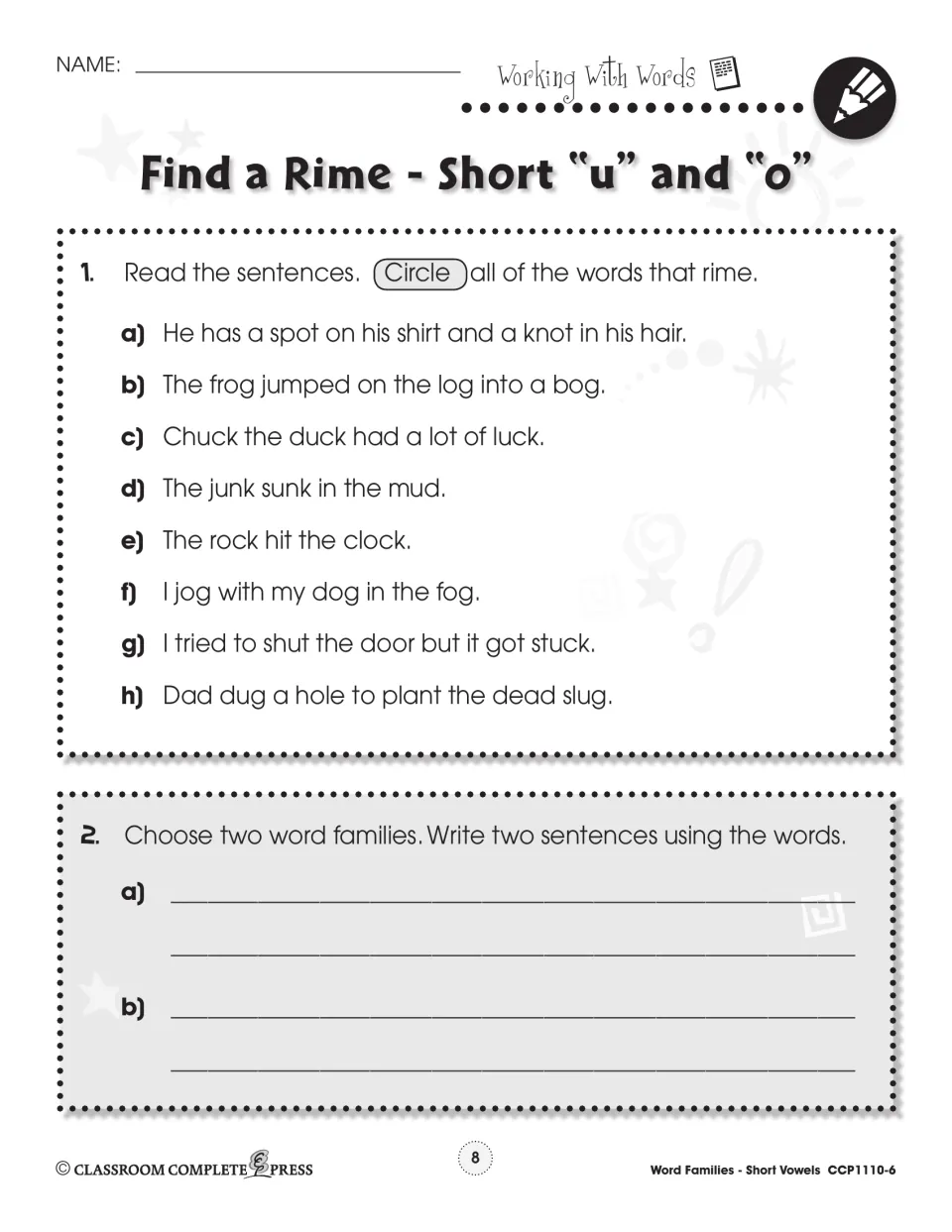 Find a Rime - Short u and o worksheet: circle rhyming words in 8 sentences such as 'I jog with my dog in the fog'