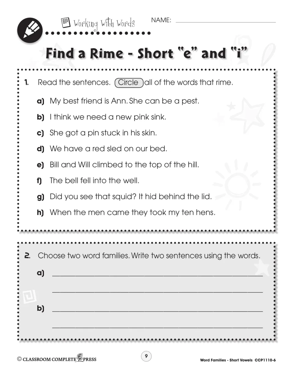 Find a Rime - Short e and i: circle rhyming words in 8 sentences, such as 'The bell fell into the well'