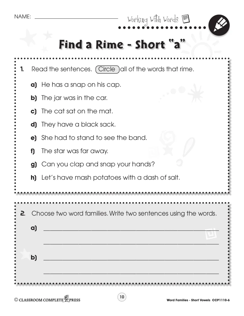 Find a Rime - Short a: circle rhyming words in sentences like 'The cat sat on the mat', then write two sentences